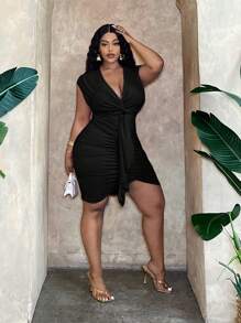 Slaydiva Plus Size Elegant & Party & Date Bodycon Solid Dress With Front Twist And Ruffle Detail Dress, Spring-Summer-F' - Black - View 5