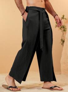 Manfinity RSRT Pantalones casuales largos de unicolor con cinta en el dobladillo del bolsillo para hombres - Negro - Ver 4