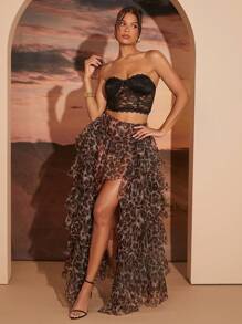 Hauture Women's Leopard Print Pleated Ruffle Layered Skirt, Casual Resort Wear