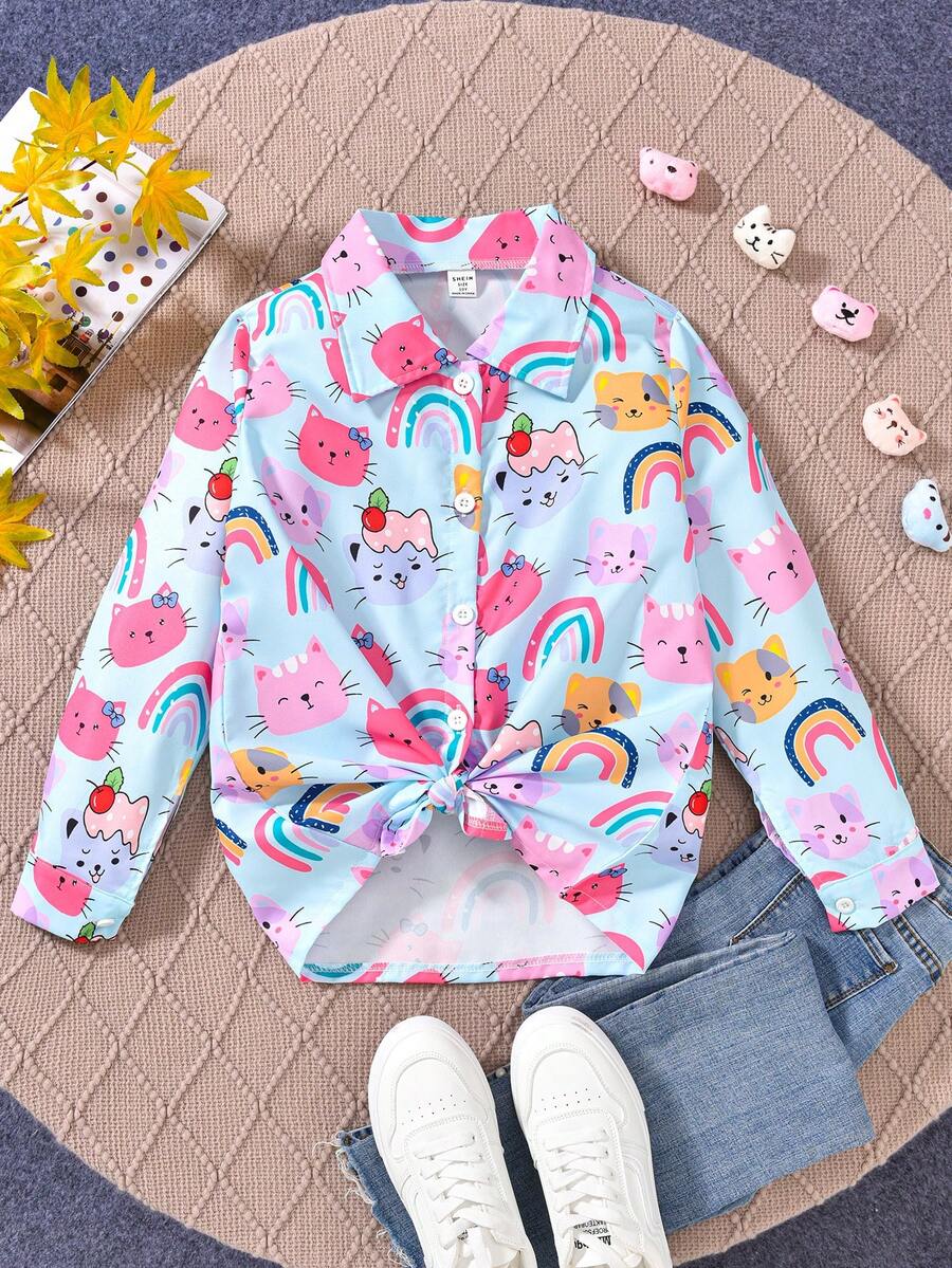 Blusa de manga larga con estampado lindo de gato de arcoíris de fruta para niñas preadolescentes - Rosa - Ver 1