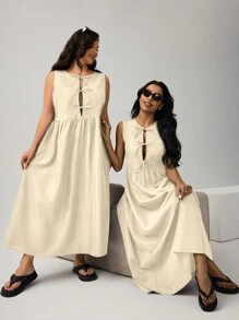 SHEIN Essnce Xuân Hè Hàng Mới Về Nơ Thắt Eo Không Tay Cơ Bản Thời Trang Đầm - Màu be - Xem 4