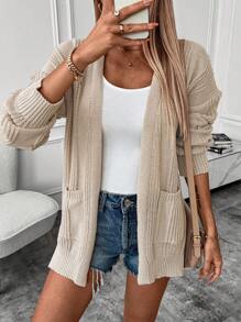 Chiquease 女式纯色落肩开衫，带双口袋，春秋季 - 卡其色 - 查看 5