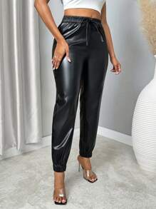 VaVaBold 女式新款 PU 皮革哈伦裤，松紧腰，宽松性感设计，秋冬款 - 黑色 - 查看 5