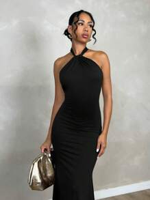 Glamine Vestito lungo con collo alla halter, senza schienale, con dettaglio a nodo, colore tinta unita, abito casual da tutti i giorni da donna