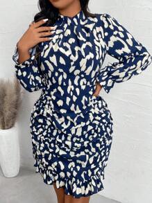 SHEIN Unity Vestido casual de manga larga con cuello, plisado y estampado de leopardo en talla grande, estampado aleatorio - Multicolor - Ver 5