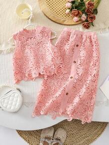 Bộ đồ 2 món cho bé gái, họa tiết hoa nhí dễ thương, áo không tay và chân váy. - Hồng - Xem 1