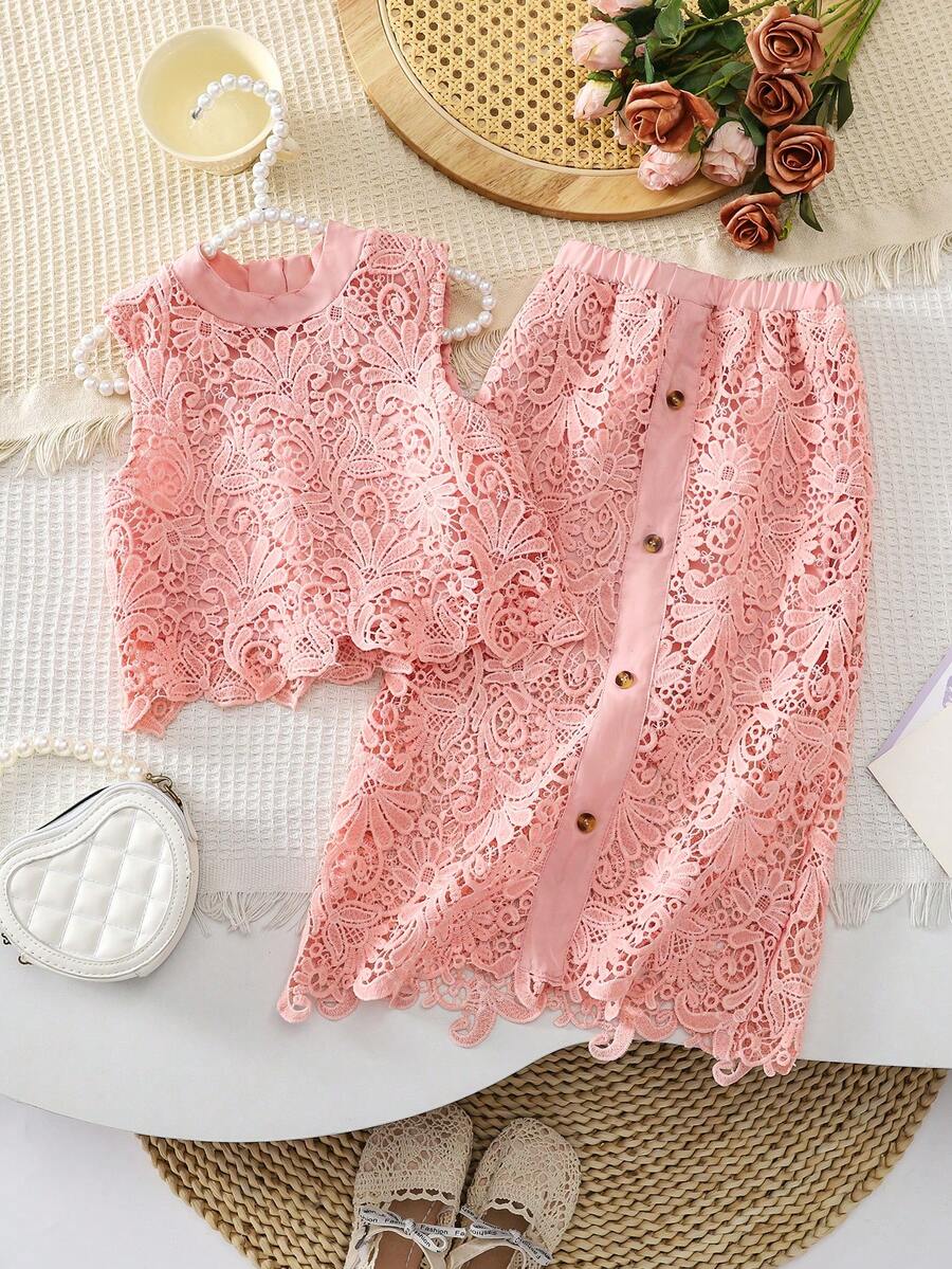 Bộ đồ 2 món cho bé gái, họa tiết hoa nhí dễ thương, áo không tay và chân váy. - Hồng - Xem 1