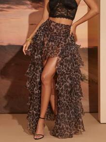 Hauture Women's Leopard Print Pleated Ruffle Layered Skirt, Casual Resort Wear