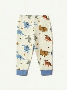 Cozy Pixies 嬰兒男童緊身睡衣套裝，卡通恐龍紋路，色塊圓領長袖上衣和褲子 - 藍色 - 查看 3