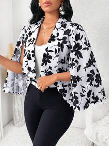 SHEIN Lady 四季夹克秋季女装服装秋季女装优雅办公室女士夹克黑白编织印花女士薄夹克 - 黑與白 - 查看 4
