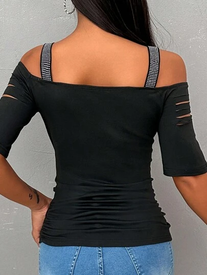 EMERY ROSE Sexy Cutout Shoulder Rhinestone Bodycon Short Sleeve Top, Fashionable Women T-Shirt, Autumn Black Top