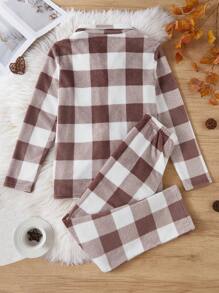 SHEIN 2pcs Men Khaki Simple Plaid Long Sleeve Shirt & Pants Soft Fleece Loungewear Set, Fall Winter Clothes, Fluffy Cozy - Khaki - View 7