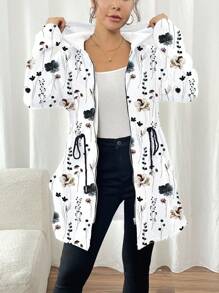 SHEIN LUNE Damen Jacke mit durchgehendem Reißverschluss, ganzflächigem Blumen Muster, Kapuze, Lässig-Stil