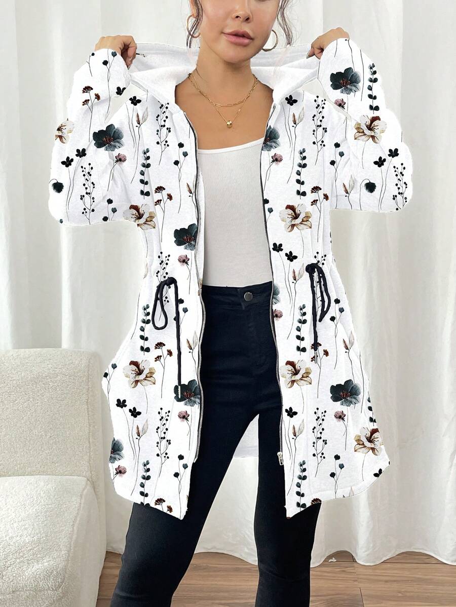 SHEIN LUNE Damen Jacke mit durchgehendem Reißverschluss, ganzflächigem Blumen Muster, Kapuze, Lässig-Stil