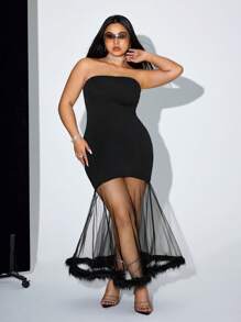 SHEIN ICON Plus Size Strapless Mesh Contrast Dress - Black - View 4