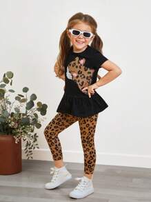 SHEIN Young Girl Leopard Print Ruffle Hem Tee & Leggings - Multicolor - View 5