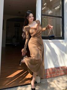 DAZY 女式毛绒拼布长袖衬衫休闲长裙，秋季服装 - 棕色 - 查看 4