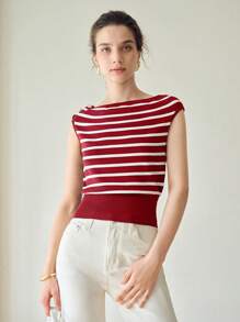 MOTF PREMIUM STRIPED PATTERN GOLD BUTTON SHOULDER BATWING SLEEVE WIDE HEM KNIT TOP - Red and White - View 4