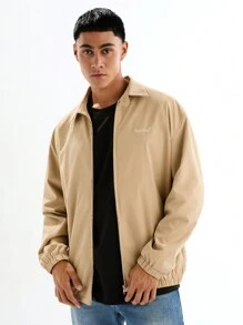 Manfinity VCAY Men's Fashionable Casual Solid Color Slim Fit Zip-Up Long Sleeve Jacket Men Jacket, For Fall Winter - Apricot - View 1