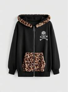 ROMWE Grunge Punk Áo nỉ cỡ lớn in họa tiết đầu lâu đính đá Y2K Harajuku Leopard - màu đen - Xem 1