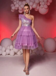 SHEIN Belle Elegante e luxuoso vestido roxo de um ombro plissado em malha contrastante com lantejoulas maxi em linha A, adequado para casamento, festa, formatura, baile de formatura, vestido semiformal, para aniversário, convidado de casamento, baile de formatura - Roxa - Ver 7