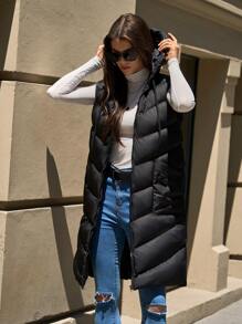 EURMUSE Petite Sleeveless Hooded Zip-Up Long Padded Coat With Pockets - Black - View 6