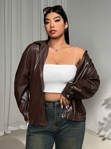 SHEIN EZwear Plus Size Women Brown PU Leather Zipper Lapel Collar Long Sleeve Pocket Lined Loose Jacket Coat, Suitable For Daily Casual, Party & Dating, Halloween Clothes - Rust Brown - View 3