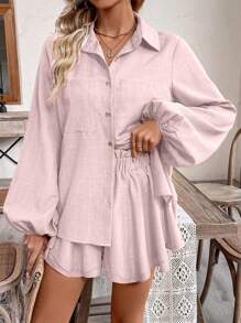 Breezaya 2 piezas Conjunto de blusa de botones con cuello casual y falda evasé para mujer