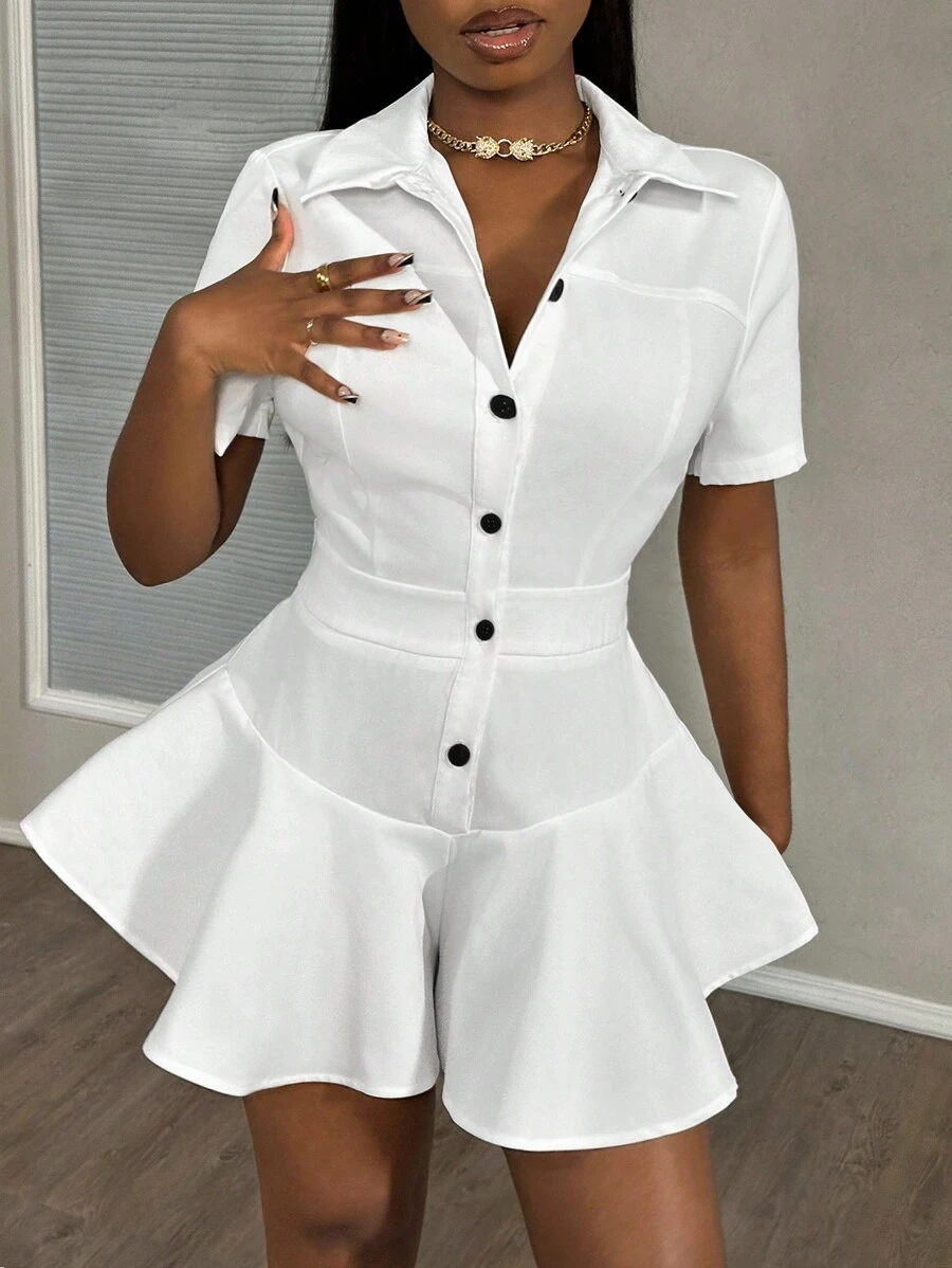 Slaydiva 1pc Casual Polo Collar Button Up Short Sleeve Solid Color Ruffle Hem Jumpsuit - White - View 1