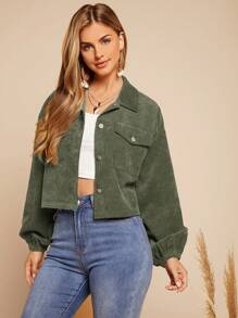 SHEIN LUNE 女士春秋长袖休闲工装口袋短夹克 - 軍綠色 - 查看 4