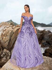 Faeriesty Off-Shoulder Sweetheart Neck Sequin Prom Dress - Purple - View 4