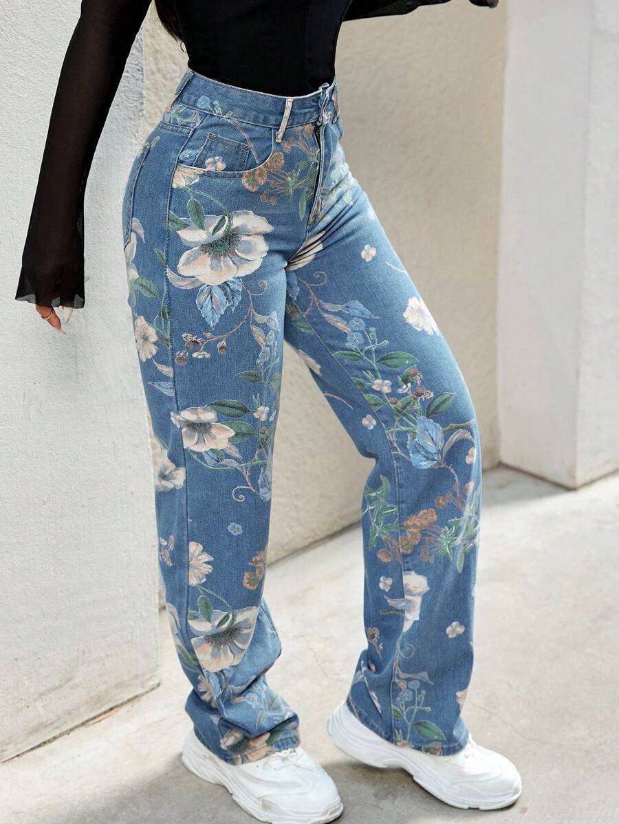 Y2K 90s Streetwear High Waist Printed Wide Leg Relaxed Fit Jeans, Comfortable Washed Denim Pants With Pockets, Suitable For Outdoor Activities Casual Vacation Spring - 藍色 - 查看 1