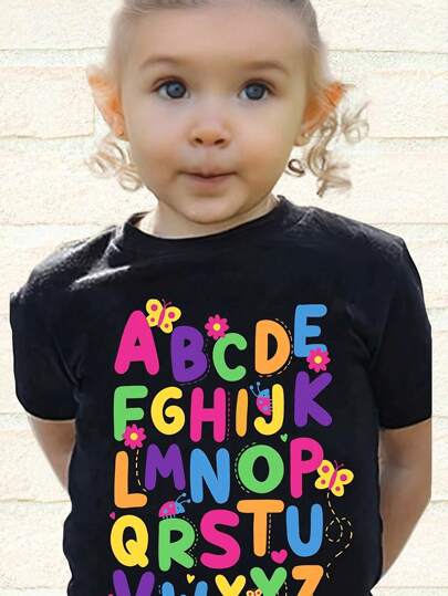 SHEIN 年輕女孩彩色花卉、字母和標語圖案短袖T恤，適合休閒穿著