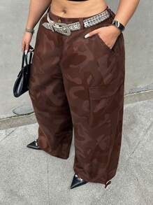 Flirla Plus Size Front Button, Multiple Pocket, Camouflage Loose Casual Pants