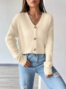 SHEIN Unity Women's V-Neck Button-Down Long Sleeve Casual Solid Color Lightweight Cardigan - Beige - View 6