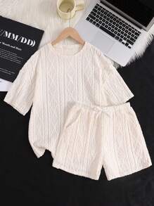 SHEIN 青少年女孩宽松休闲纹理针织面料纯色圆领短袖 T 恤和短裤 2 件套 - 白色 - 查看 1