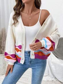 SHEIN LUNE 女士秋冬拼色落肩宽松休闲开衫 - 彩色 - 查看 6