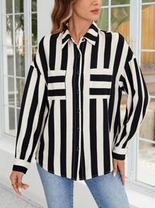 SHEIN LUNE Women's Button-Up Long Sleeve Allover Print Fashion Charm Blouse - Black and White - View 4