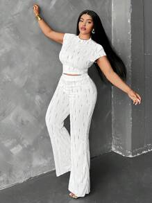 Allurite 2 piezas/Set Top de manga corta y pantalones de estar en casa de punto calado, talla grande - Blanco - Ver 3