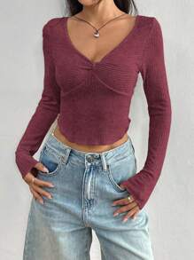 SHEIN Unity Women's Solid Color Long Sleeve Twist Front Fitted T-Shirt, Spring And Autumn - Redwood - View 3