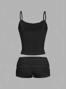 SHEIN EZwear 2 piezas Conjunto de top tipo camiseta y shorts de unicolor para mujer - Negro - Ver 2