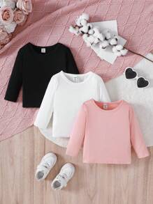 3pcs/Set Baby Girls' Casual Solid Round Neck Long Sleeve T-Shirts, Spring & Autumn - Multicolor - View 1