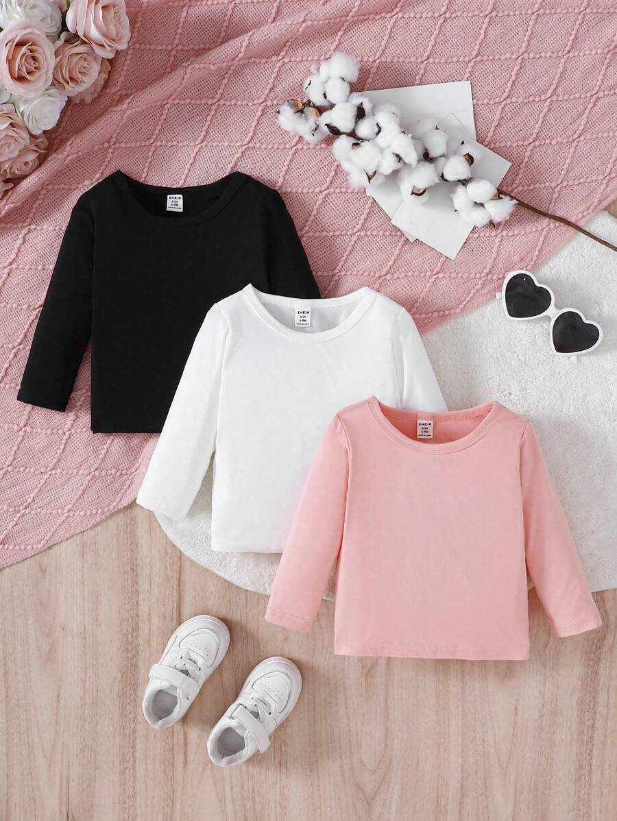 3pcs/Set Baby Girls' Casual Solid Round Neck Long Sleeve T-Shirts, Spring & Autumn - Multicolor - View 1
