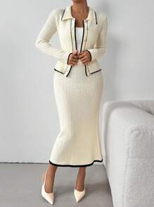 Chiquease 2pcs Women's Long Sleeve Contrast Color Single Breasted Collared Cardigan And Slim A-Line Skirt Set - Multicolor - View 5