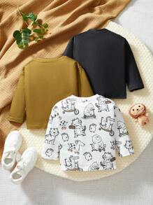 SHEIN 3pcs Pack Infant Baby Boys Casual Comfortable Dinosaur Print Long Sleeve Top, Fall/Winter