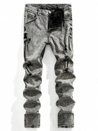 Manfinity Roughcore 大码男士纽扣腰带街头风格紧身裤，深灰色麻灰色