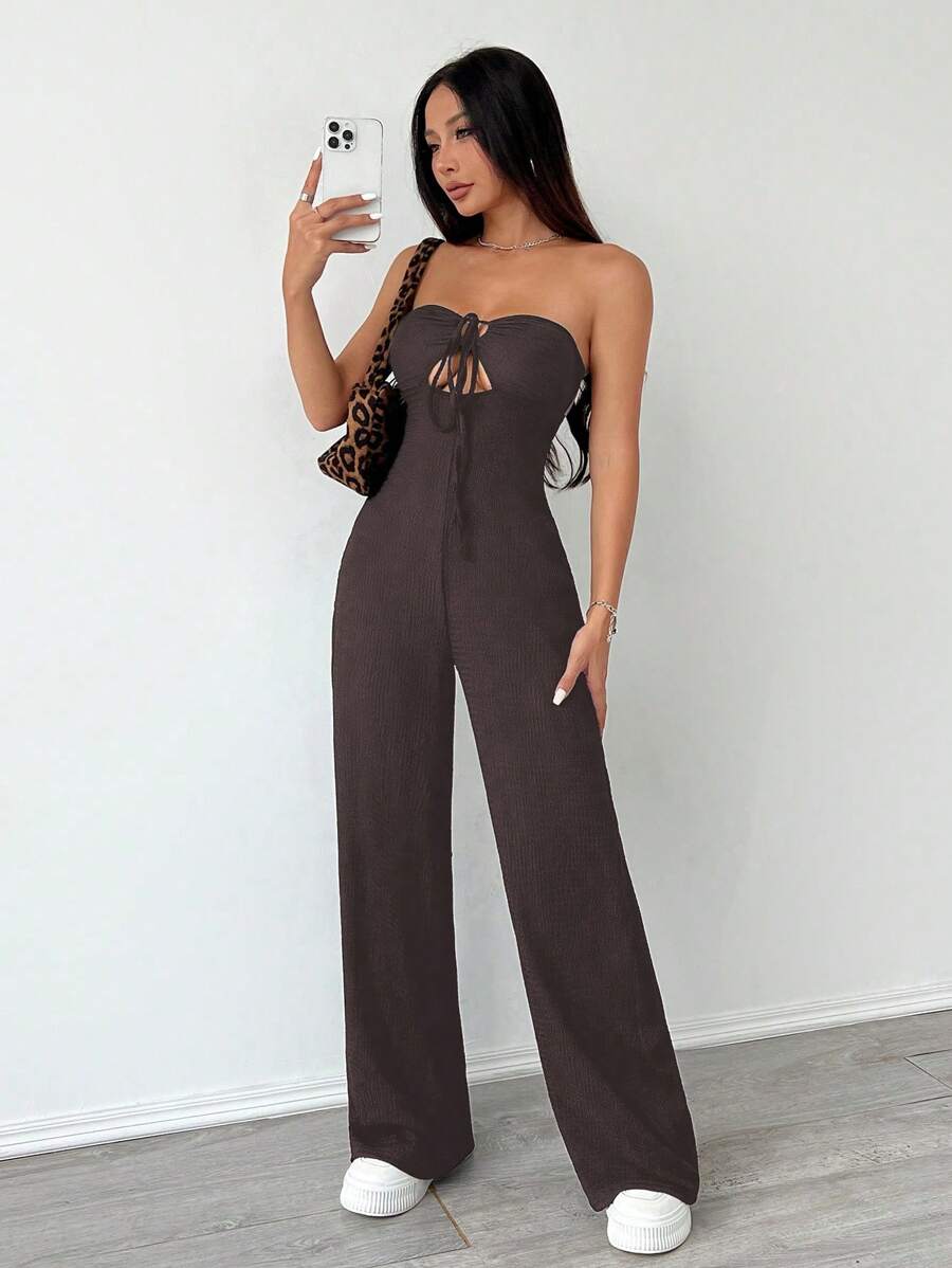 Flirla Women's Backless Lace-Up Hollow Open-Back Textured Y2K Sexy Strapless Jumpsuit - Coffee Brown - View 1