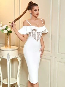 ADYCE Exaggerated Ruffle Trim Strap Sheer Mesh Lace Backless Bodycon Bandage Dress