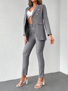 SHEIN Cottnline Striped Print Double Breasted Blazer & Pants - Light Grey - View 5
