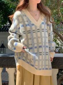 DAZY Damen Loose V-Ausschnitt Langarm Strickpullover, Herbst/Winter Karomuster
